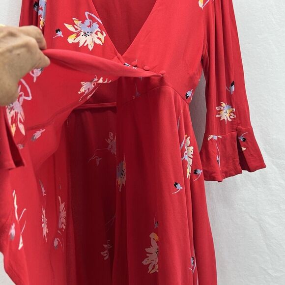 Free People Red Time On My Side S Wrap Mini Dress 3/4 Flutter Sleeves - Picture 5 of 12